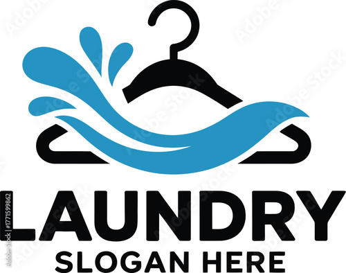 Modern laundry service logo with hanger and water splash icon clean clothes