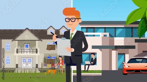 Animated businessman standing confidently outside modern building, representing success, growth, and leadership