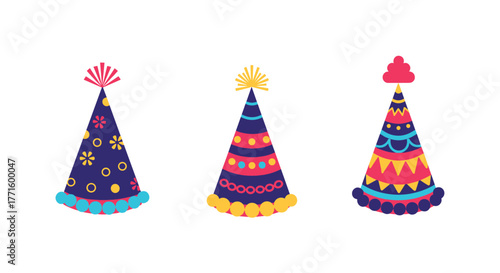 A collection of colorful and playful party hats with unique patterns and pom-poms, perfect for birthdays and festive events.