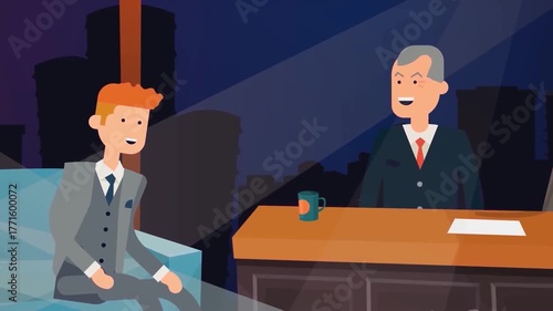 Animated interview scene in office, symbolizing recruitment, communication, and professional business conversation