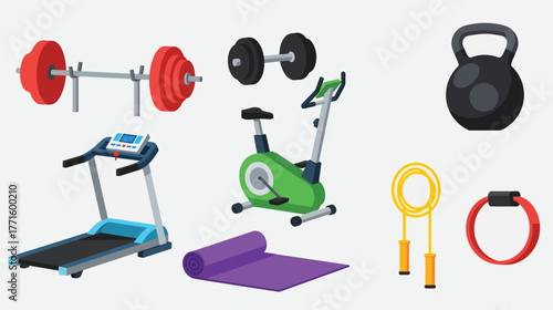 Gym Equipment Collection - Barbell, Dumbbells, Kettlebell, Treadmill, Bike, and Accessories