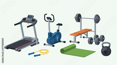 Gym Equipment Set - Treadmill, Exercise Bike, Weight Bench, and Accessories