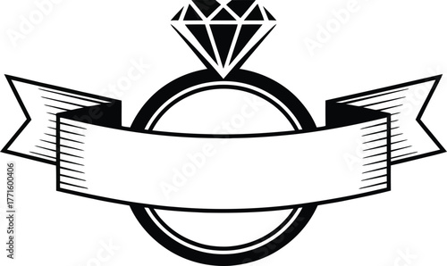 Diamond engagement ring with empty banner for text and festive ribbon details