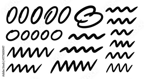 Abstract collection of hand-drawn marker elements, including thick ovals, rounded shapes, expressive wavy lines, and sharp zigzag patterns.