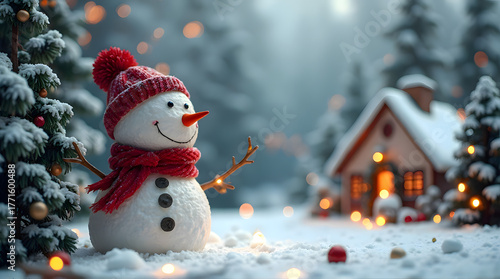 Cute Snowman, Christmas Cabin & Bokeh Backgrounds