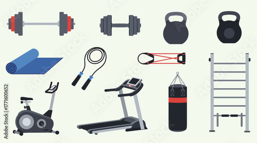 Gym Equipment Vector Illustration - Treadmill, Weights, and Exercise Gear