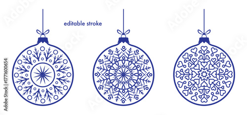 Abstract editable stroke vintage christmas baubles set with snowflake decoration with heart. Balls collection with ice flake to use for christmas card, xmas, winter holiday, new year projects. 