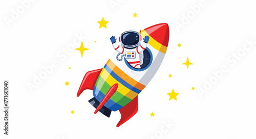 Colorful cartoon rocket ship with an astronaut flying through stars on a white background with a vibrant and adventurous mood.
