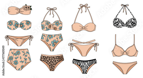 A diverse collection of women's bikini swimwear styles featuring solid colors, blue floral, leopard, and zebra prints, perfect for summer fashion.