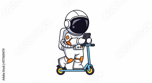 A cartoon astronaut riding a blue scooter with orange accents against a plain white background in a playful and adventurous mood.