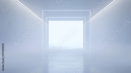 Wallpaper Mural Minimalist futuristic gallery with smooth walls, ambient soft blue lighting, central light portal with volumetric mist, serene empty space, modern sci-fi interior design Torontodigital.ca