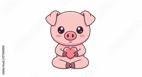 A cute cartoon piglet sitting cross-legged holding a pink heart on a white background with a sweet and loving mood.