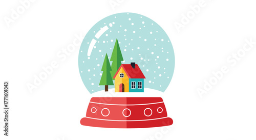 A classic snow globe features a charming winter village scene with a colorful house and two evergreen trees, complete with gently falling snow.
