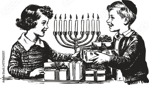 Ink sketchy children exchanging Hanukkah gifts with menorah. Vintage Jewish holiday illustration for festive cards and posters.