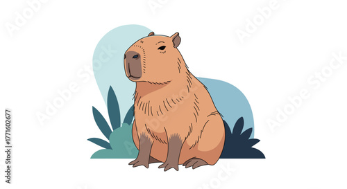 An adorable cartoon capybara, a large rodent native to South America, sits calmly in a stylized natural environment.
