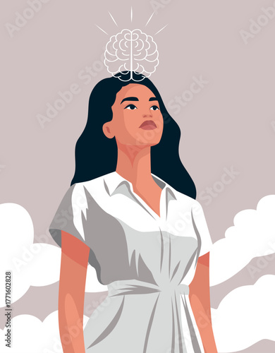 Vector illustration of a vibrant woman with a glowing brain above her head against a beige cloud background. Symbolizes psychology, mental health, clarity. For therapeutic posters, wellness branding