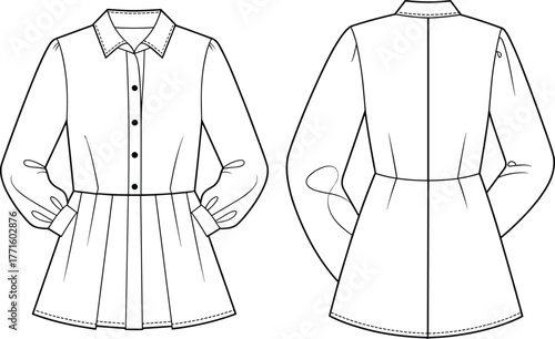 Fashion technical flat, long sleeve pleated tunic shirt design, front and back view, vector fashion template, sewing pattern illustration, women’s clothing mockup