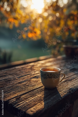 Warm Cup of Tea on a Rustic Wooden Table, Autumn Sunlight and Steam