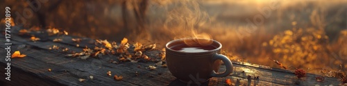 Warm Cup of Tea on a Rustic Wooden Table, Autumn Sunlight and Steam