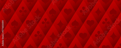Playing card suits seamless pattern. Red background with spades, hearts, diamonds, and clubs. Vector poker style wallpaper. Suitable for gambling and casino advertising