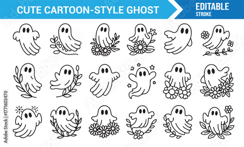 Outline ghost icons — cute Halloween cartoon design for festive graphic projects