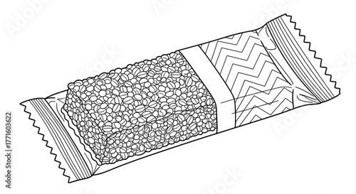 Overhead view of a granola bar, rich in texture with visible seeds and grains, partially unwrapped from its chevron-patterned packaging.