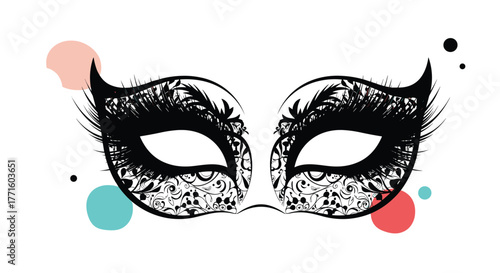 Elegant black masquerade mask with elaborate scrollwork and feathered eyelashes, accented by playful pastel dots on a clean white background.