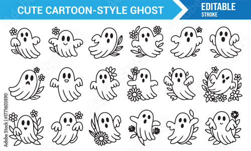 Halloween ghost outline icons — cute cartoon spooky character vector set