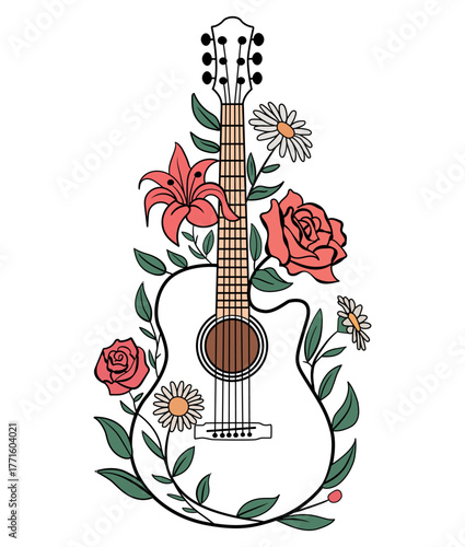 Line Art Acoustic Guitar and Floral Wreath. Romantic Music Emblem Vector