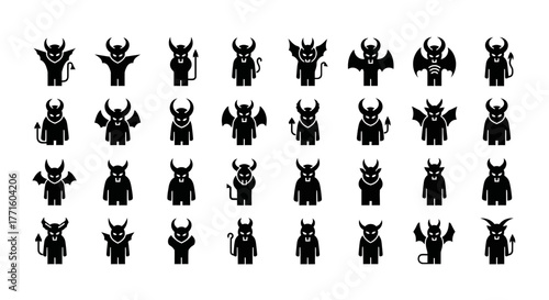 Creative vector icon set featuring various devil, demon, and monster silhouettes. A versatile collection of fantasy character glyphs