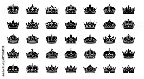 A large collection of black royal crown silhouettes. Vector set of various king, queen, and princess tiara icons for heraldic design elements