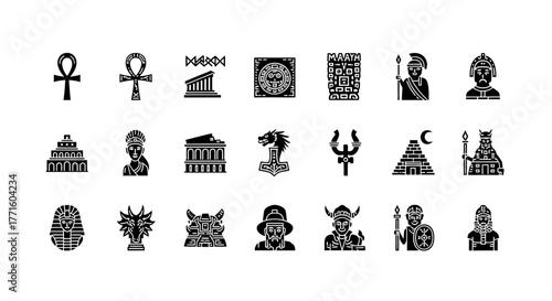 Glyph icon collection of ancient civilization symbols. Historical and mythological elements from Egypt, Greece, Rome, and Norse legends