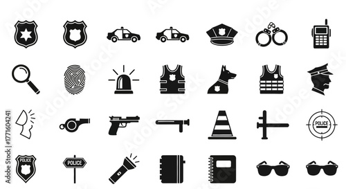 A comprehensive set of black glyph icons representing various police equipment, law enforcement symbols, and crime investigation tools