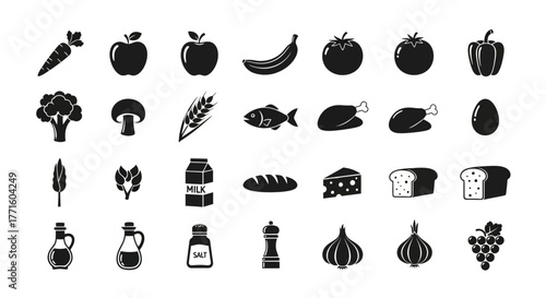 A versatile set of monochrome food icons representing various grocery categories, perfect for nutrition guides and healthy eating concepts
