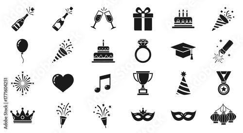 Festive glyph icon set for special occasions and holidays, including birthday, wedding, and new year elements