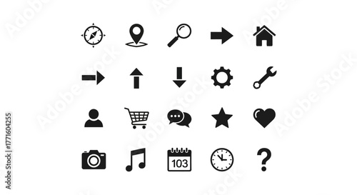 Vector set of universal website and application interface icons including navigation, search, settings, and user profile symbols