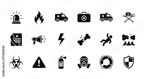 A diverse assembly of solid black pictograms illustrating emergency services, safety protocols, and various hazard warnings