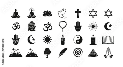 A diverse collection of black glyph icons representing world religions, spirituality, and symbols of faith and harmony