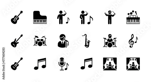 Vector glyph icon set of musical elements with instruments, conductors, notes, and orchestra performance symbols