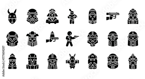 Ancient futuristic warrior glyph icon set featuring robotic soldiers and tribal alien helmets