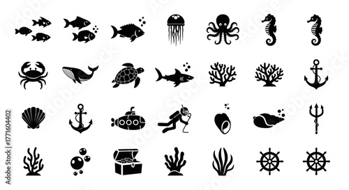 Marine life and nautical exploration glyph icon set featuring sea creatures and maritime symbols in a solid black vector design