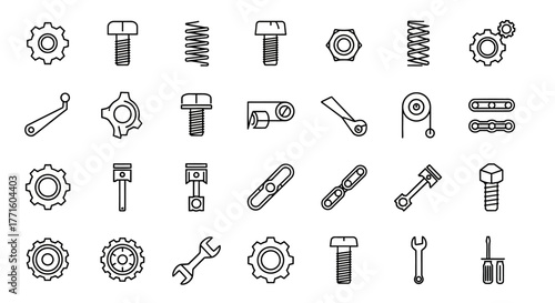 A comprehensive line icon set of engineering parts, featuring gears, bolts, pistons, and workshop tools for industrial repair and mechanics