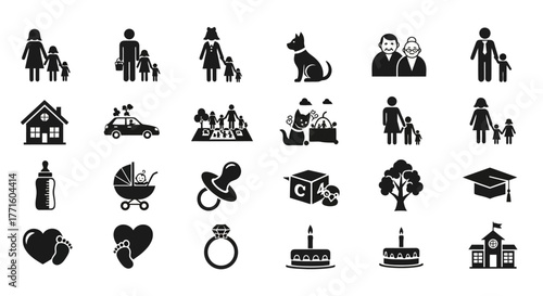 A comprehensive collection of monochrome glyph icons illustrating the family life cycle, relationships, and important life events