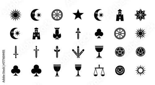 A minimalist collection of esoteric icons and mystical glyphs representing astrology, tarot, and occult symbolism for spiritual design kufu 394