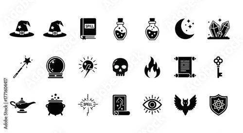 Vector set of black glyph icons depicting magic, witchcraft, and fantasy elements for design projects
