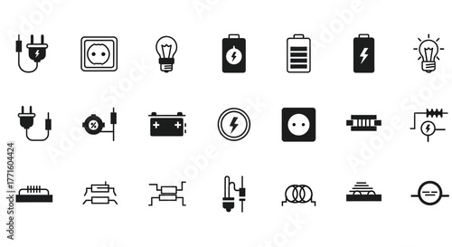 Collection of electricity and power supply icons. Vector symbols for electronic components, battery, plug, and light