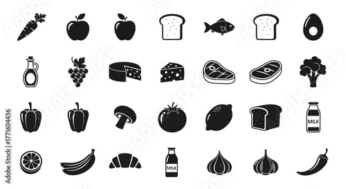 A diverse collection of food and grocery staple icons in a solid black glyph style for nutrition and culinary design