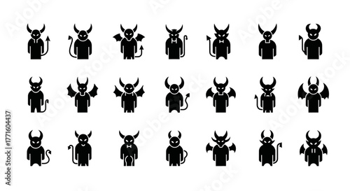 A diverse collection of black silhouette devil and demon character icons. Vector illustration set featuring monsters with various horns, wings, and tails