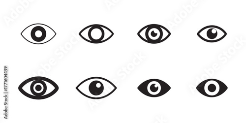 Minimalist eye icon set on clean background, View, Visibility, Password, and watch symbols