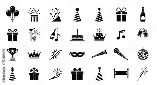 Collection of black glyph icons for celebration and festive events, featuring party symbols like gifts, cake, and confetti